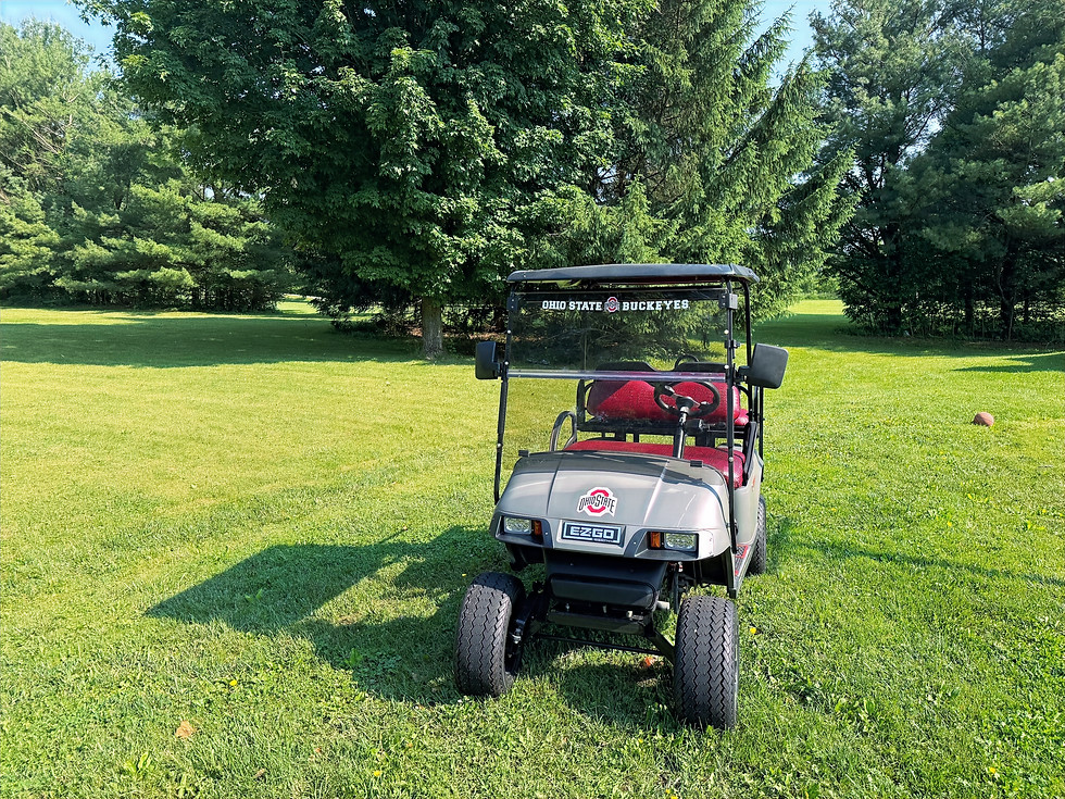 Thumbnail: Scarlet and Gray, OSU inspired Lifted, street legal Golf Cart with red seats on grass, 5 Star Elite Carts