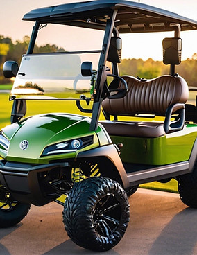 Green golf cart parked on grass and a path. 5 Star Elite Carts