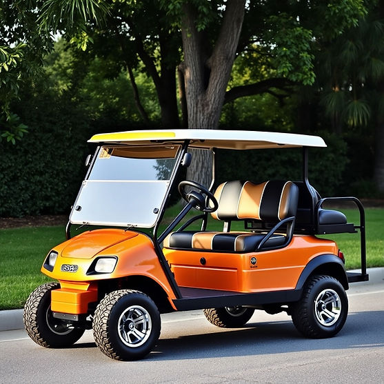 Orange golf cart parked on pavement, near trees and grass. 5 Star Elite Carts