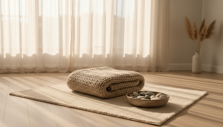 Vue à hauteur des yeux d’une pièce calme avec un tapis, une couverture et une lumière douce
