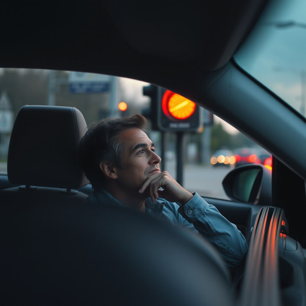 A contemplative moment at the red light as the man reflects deeply from the driver's seat.