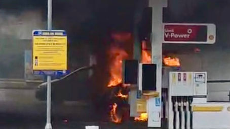 Inferno at petrol pumps at a Leicester service station.