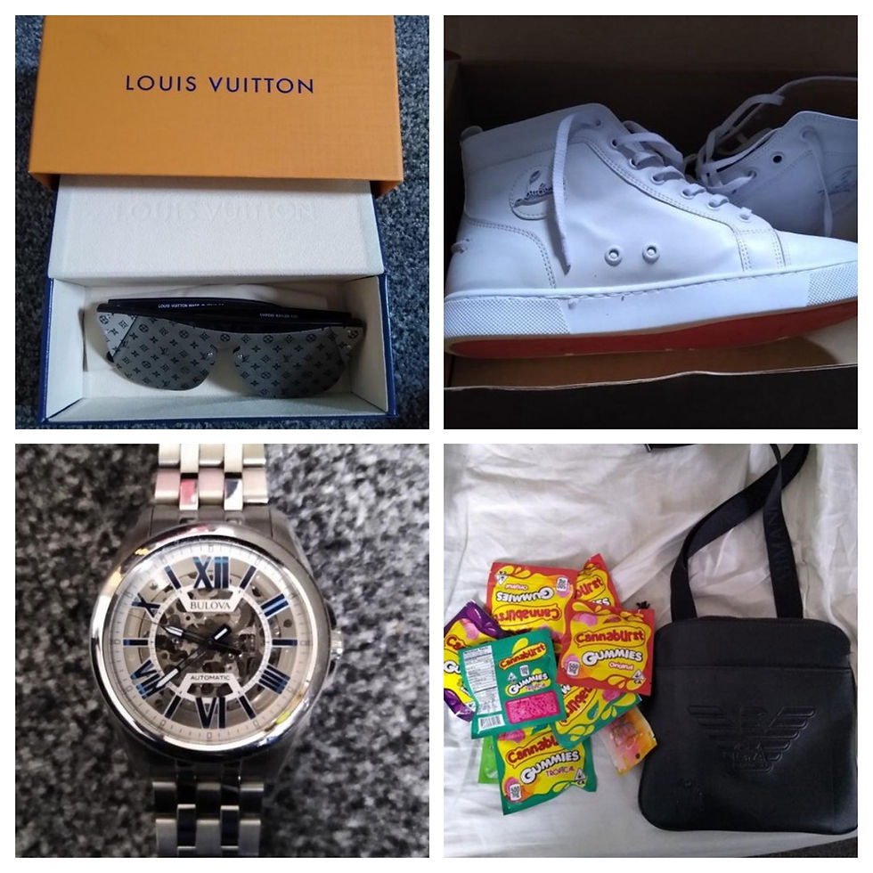 Images of designer items and drugs seized from Senior's home)