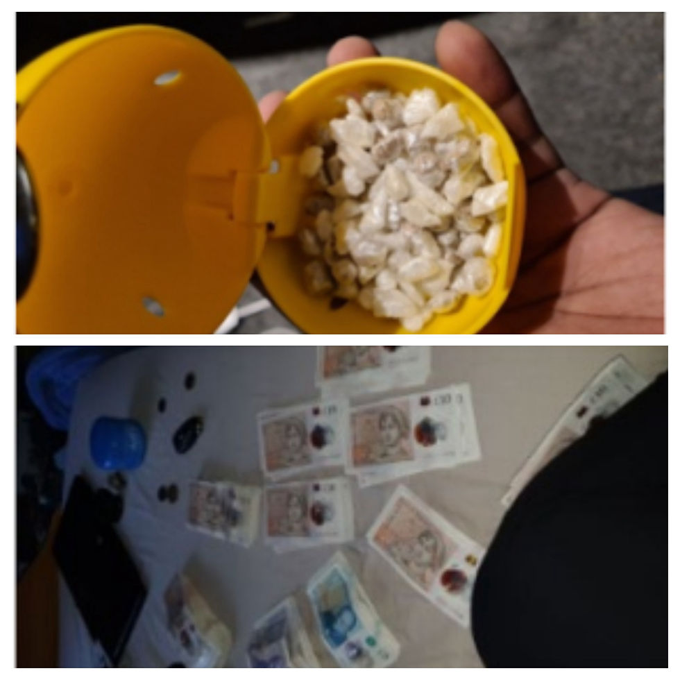 Images of designer items and drugs seized from Senior's home)