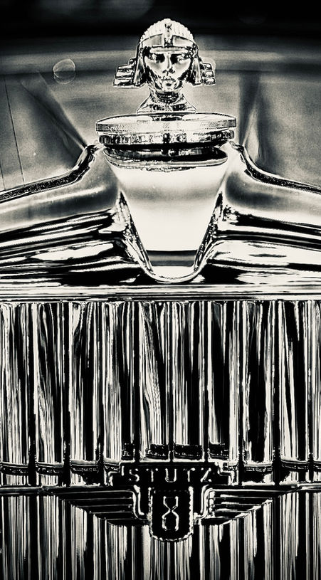 Vintage Stutz 8 car grille and hood ornament - automotive photography by Gina Taro