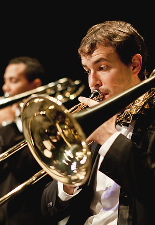 Trumpet players in orchestra