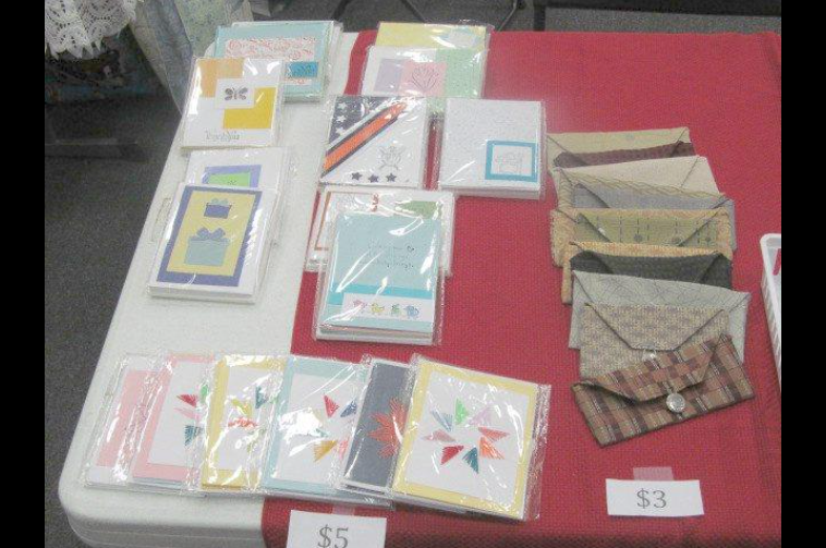 Cards and bags on a table.