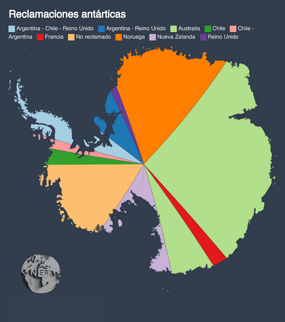 Mapa de las reclamaciones internacionales en el territorio antártico.
