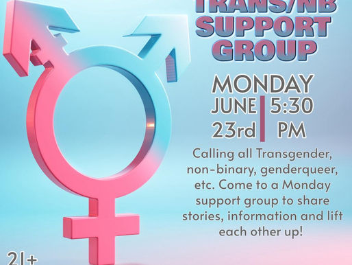Trans/NB Support Group flyer with gender symbol, date, and time. Blue and pink colors, inviting transgender, non-binary people to meet.