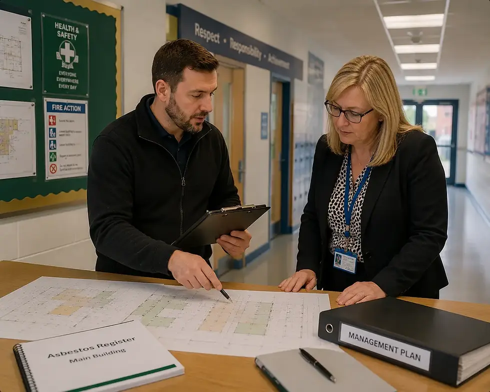 Asbestos consultant reviewing asbestos management information with a school representative