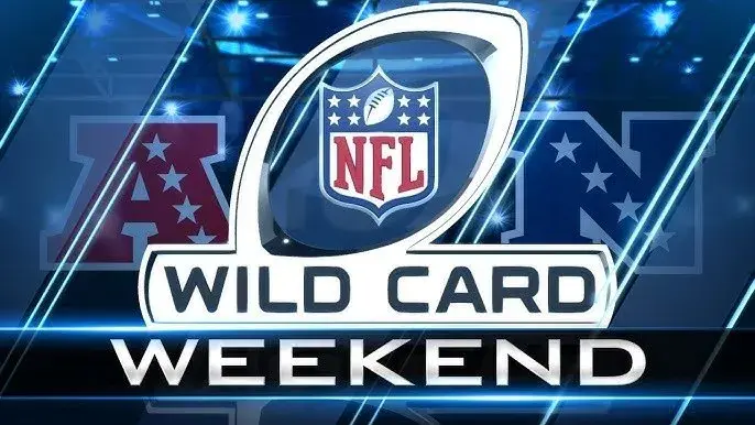 NFL Wild Card Weekend logo with AFC and NFC logos in the background. Glossy blue and white design with spotlight effects.
