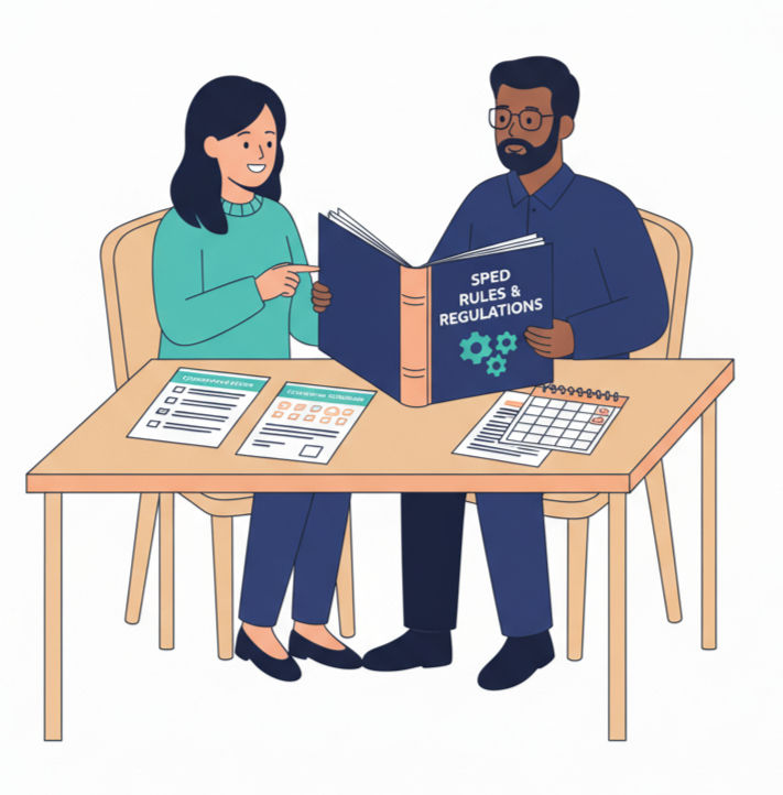 Illustration of educators reviewing the Texas Special Education Rules and Regulations binder, emphasizing compliance, timelines, and student protections under IDEA and state law.