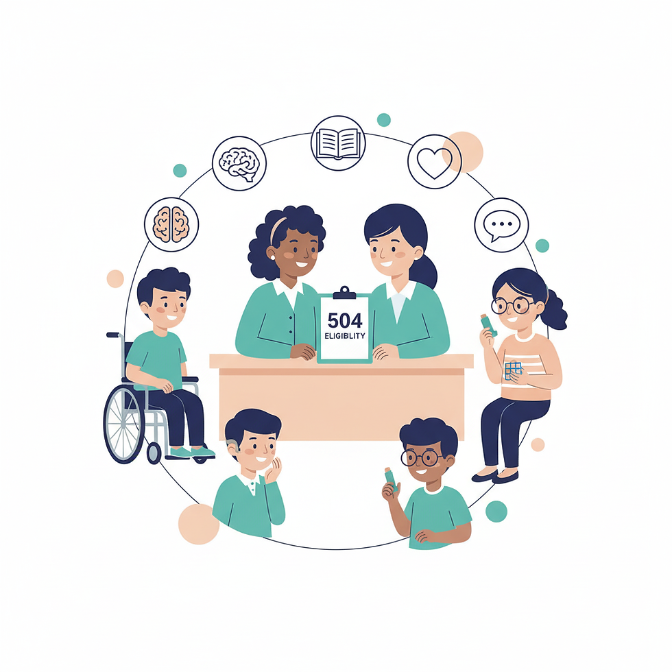 Parent and school counselor reviewing paperwork with icons symbolizing physical and mental impairments, illustrating how Section 504 eligibility is determined.