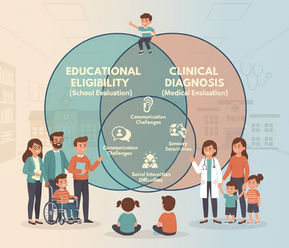 llustration showing the difference between educational eligibility for autism under IDEA and a medical diagnosis of autism. A Venn diagram compares special education criteria used by schools with clinical criteria used by doctors. Surrounding the diagram are diverse children, parents, educators, and a medical professional, highlighting the importance of understanding autism eligibility in both school and medical settings.