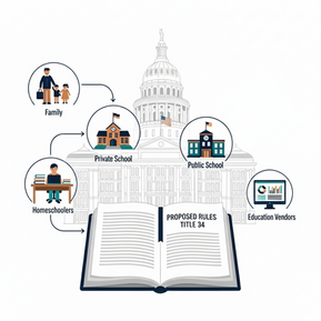 Infographic illustration showing the Texas ESA Program proposed rules released on August 22, 2025. The Texas Capitol appears in the background with an open book labeled “Proposed Rules Title 34.” Arrows connect the book to icons representing stakeholder groups: families, homeschoolers, private schools, public schools, and education vendors.