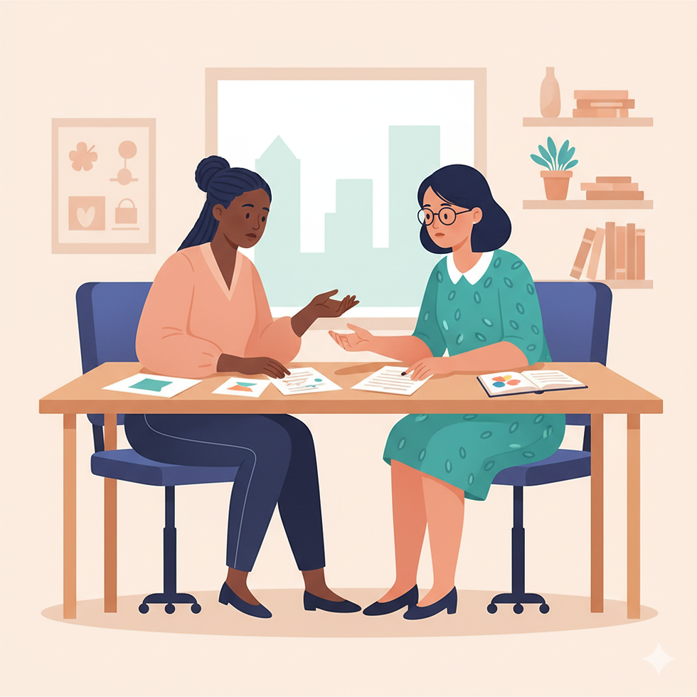 Illustration of a parent and teacher sitting across a table during a parent-teacher conference, discussing a child’s academic progress. The teacher gestures to student work or data while the parent listens with concern. The scene reflects the early stages of identifying a possible learning disability, such as dyslexia or other Specific Learning Disabilities (SLD).
