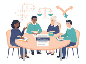 Illustration of an ARD committee meeting in progress, showing parents and educators collaborating around a table to make IEP decisions, symbolizing consensus, disagreement, and teamwork in Texas special education.