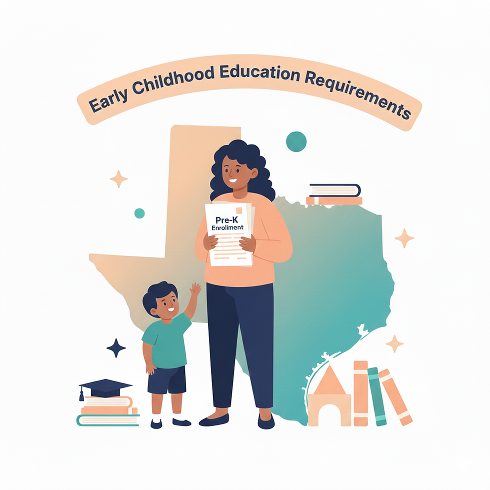 Illustration of a parent with a young child and enrollment papers in front of a Texas outline, representing TEFA’s finalized rules for Pre-K eligibility, accreditation, and full funding.
