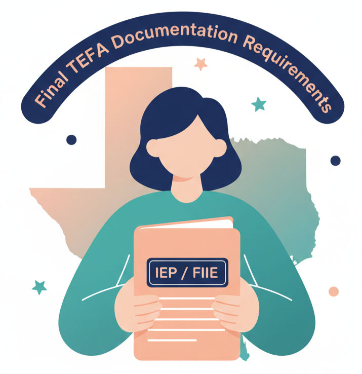 Illustration of a person holding an IEP/FIIE folder in front of a Texas outline with the heading “Final TEFA Documentation Requirements,” representing the newly released TEA rules outlining final documentation requirements for Texas Education Freedom Accounts.