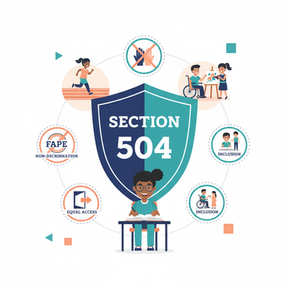 Student using assistive technology in class with teacher support, representing Section 504 protections and inclusion.