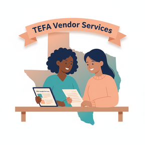 Illustration of a tutor or therapist meeting with a parent in front of a Texas outline, representing TEFA’s finalized vendor requirements and approved service guidelines.