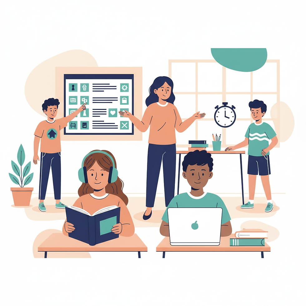 Classroom illustration of students using different learning supports, symbolizing Section 504 accommodations and services.