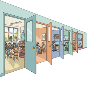 Illustration of the special education continuum of placements shown as open classroom doors, beginning with general education and extending to more specialized settings, symbolizing Least Restrictive Environment (LRE) under IDEA.