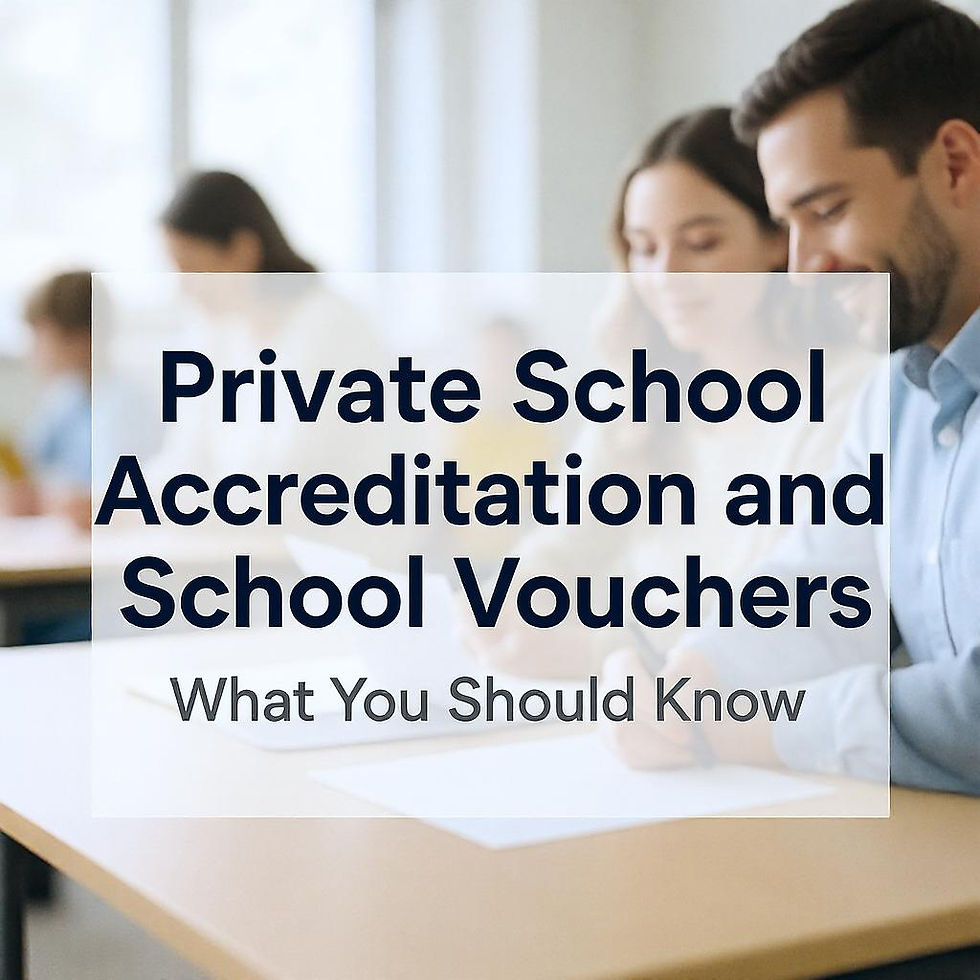 Educational blog header image showing parents reviewing school enrollment materials with overlay text 'Private School Accreditation and School Vouchers: What You Should Know