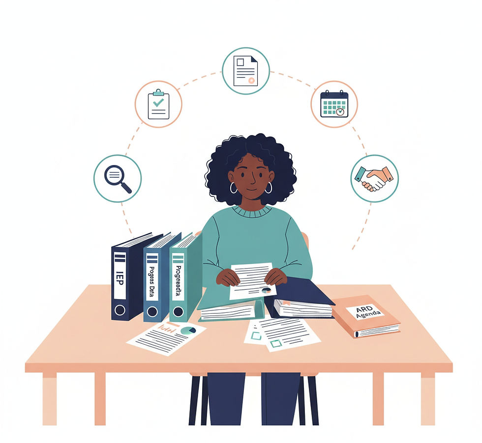 Illustration of a parent preparing for an ARD meeting, reviewing IEP and progress documents at a table with organized binders and checklists, symbolizing preparation, confidence, and collaboration in Texas special education advocacy.