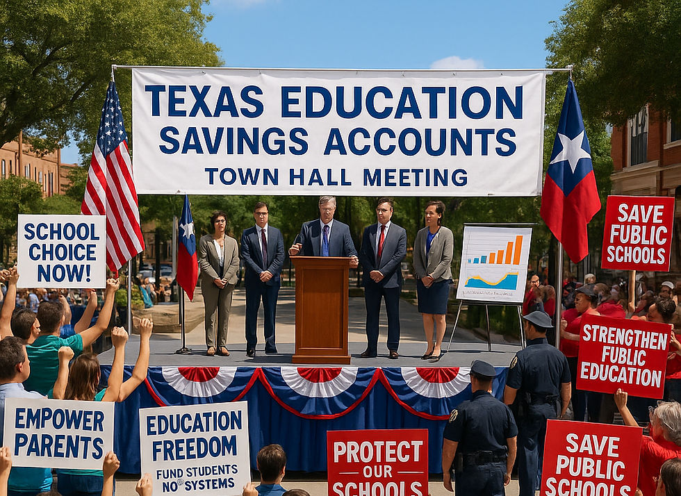 Town hall meeting on Texas Education Savings Accounts with lawmakers on stage and a divided crowd holding signs supporting school vouchers and public schools.