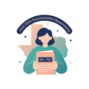 Illustration of a person holding an IEP/FIIE folder in front of a Texas outline with the heading “Final TEFA Documentation Requirements,” representing the newly released TEA rules outlining final documentation requirements for Texas Education Freedom Accounts.