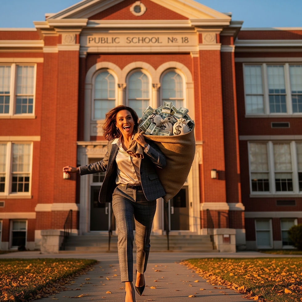 A professionally dressed woman smiling and running away from a public school building carrying an oversized sack of money, used to highlight misconceptions about Texas ESA eligibility; the caption clarifies that while higher-income families are eligible, SB2 prioritizes lower-income and special needs students.