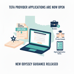 Illustration showing TEFA provider application materials and Odyssey platform guidance, representing the official 2025 TEFA updates for private schools and vendors.