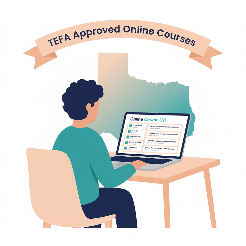 Illustration of a parent viewing online course options on a laptop in front of a Texas outline, symbolizing TEFA school voucher program's updated rules for online program providers.