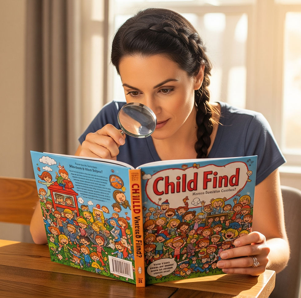 Parent using a magnifying glass to examine a busy, illustrated search-style book titled 'Child Find,' symbolizing the process of identifying students who may need special education services under IDEA.
