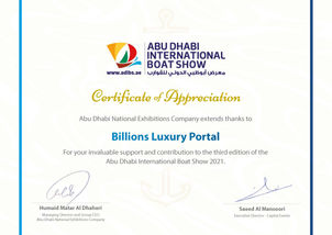 ABU DHABI INTERNATIONAL BOAT SHOW THANKS BILLIONS LUXURY PORTAL FOR ITS SUPPORT