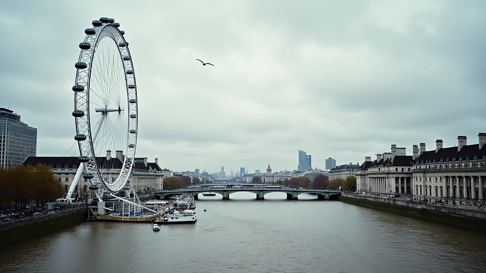 High angle view of the Thames River with London Eye and historic buildings