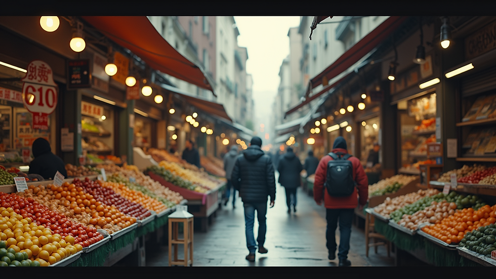Wide angle view of a bustling urban market