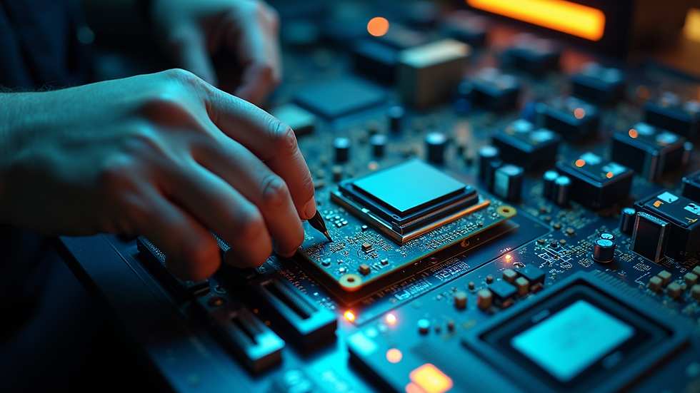 High angle view of a computer technician testing hardware components