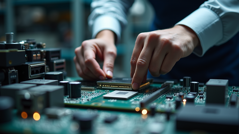 Close-up view of a technician repairing a computer motherboard