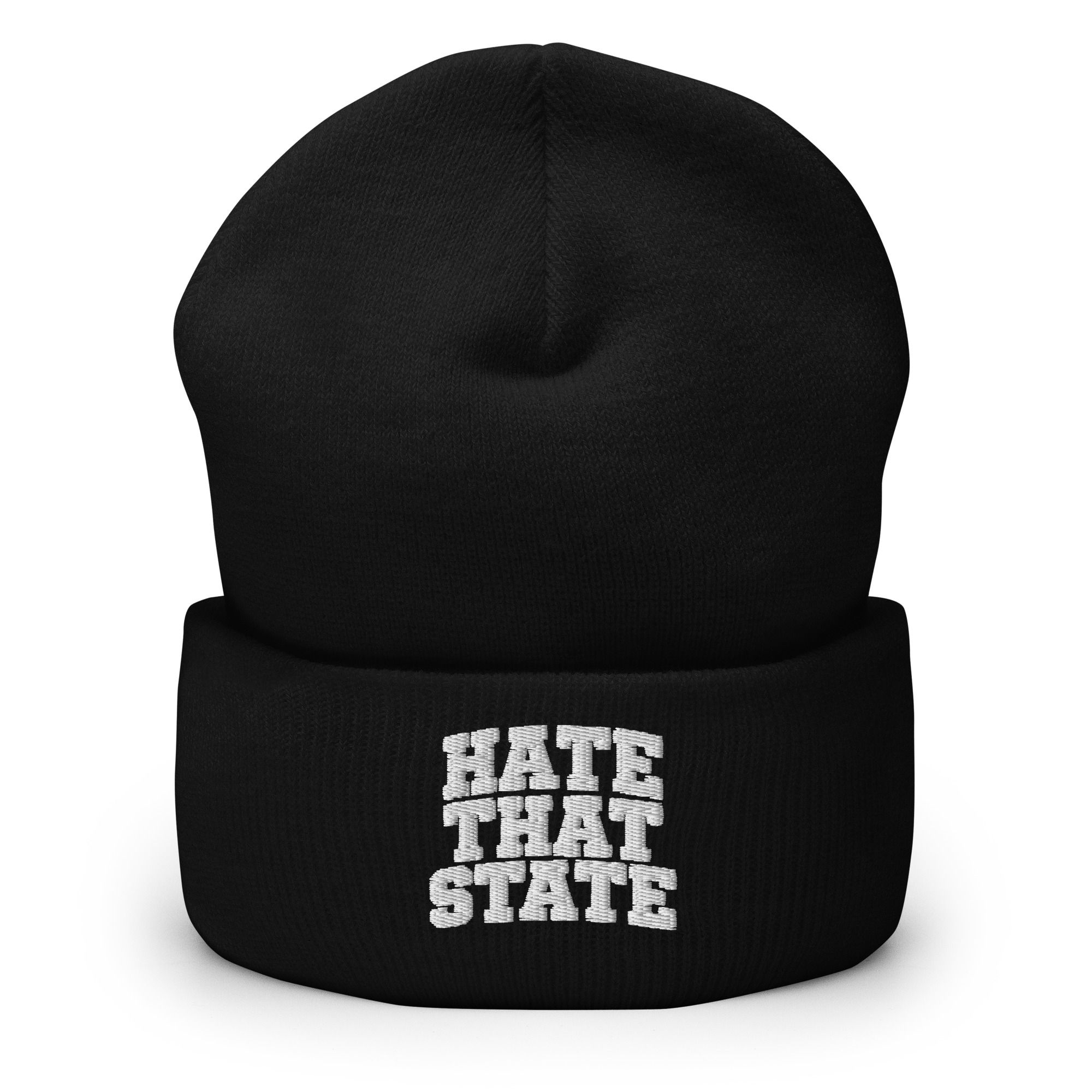 Hate That State (White) Text Logo Cuffed Beanie
