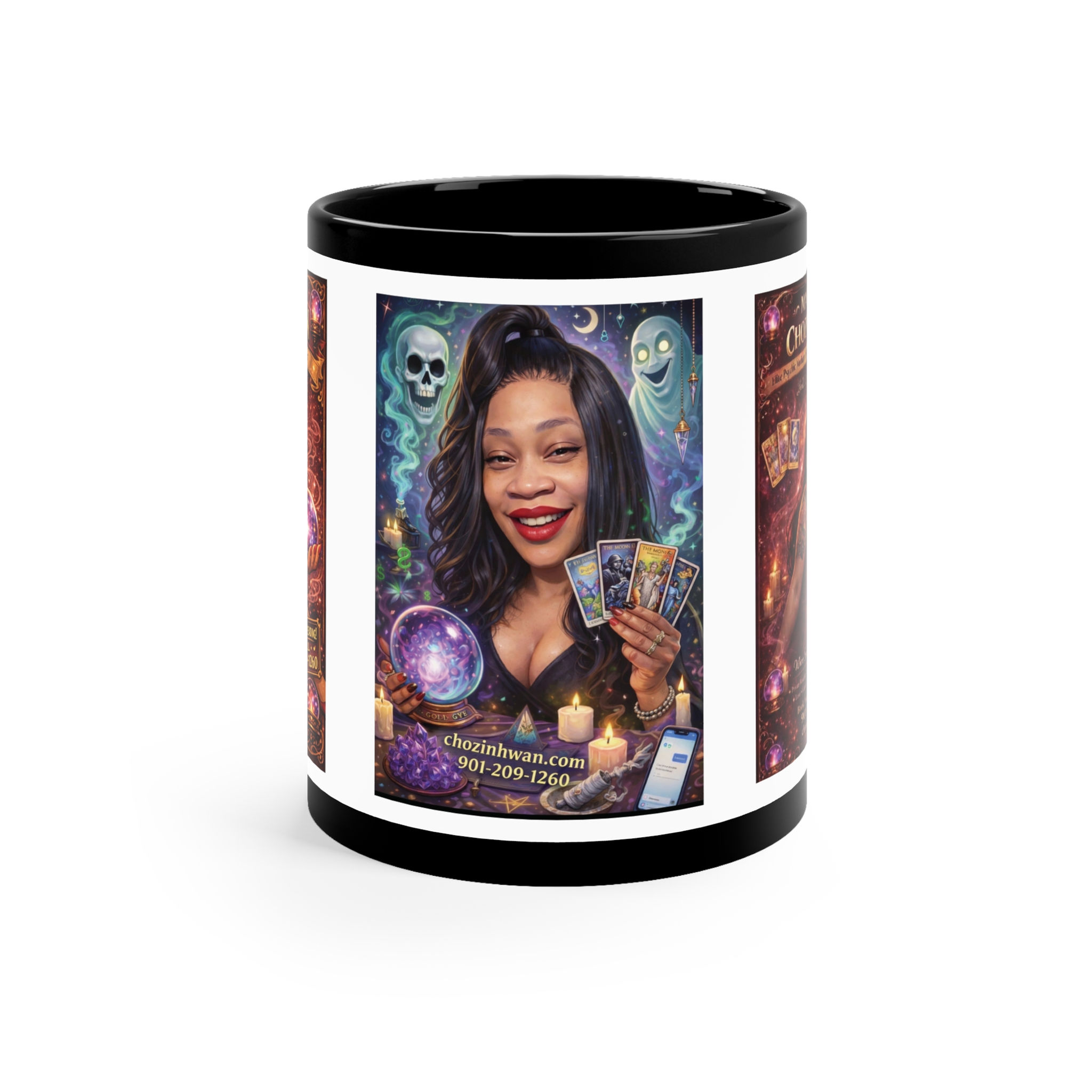 Fortune Teller Tarot Mug — Black 11oz Coffee Cup with Psychic Reading Artwork
