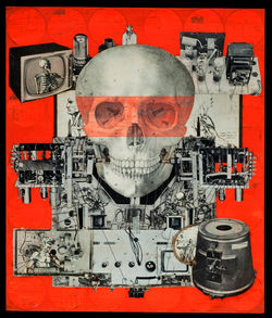 Marco Logsdon.  Death hides in the Machinery. Collage on Found Wood. 14 by 16 in