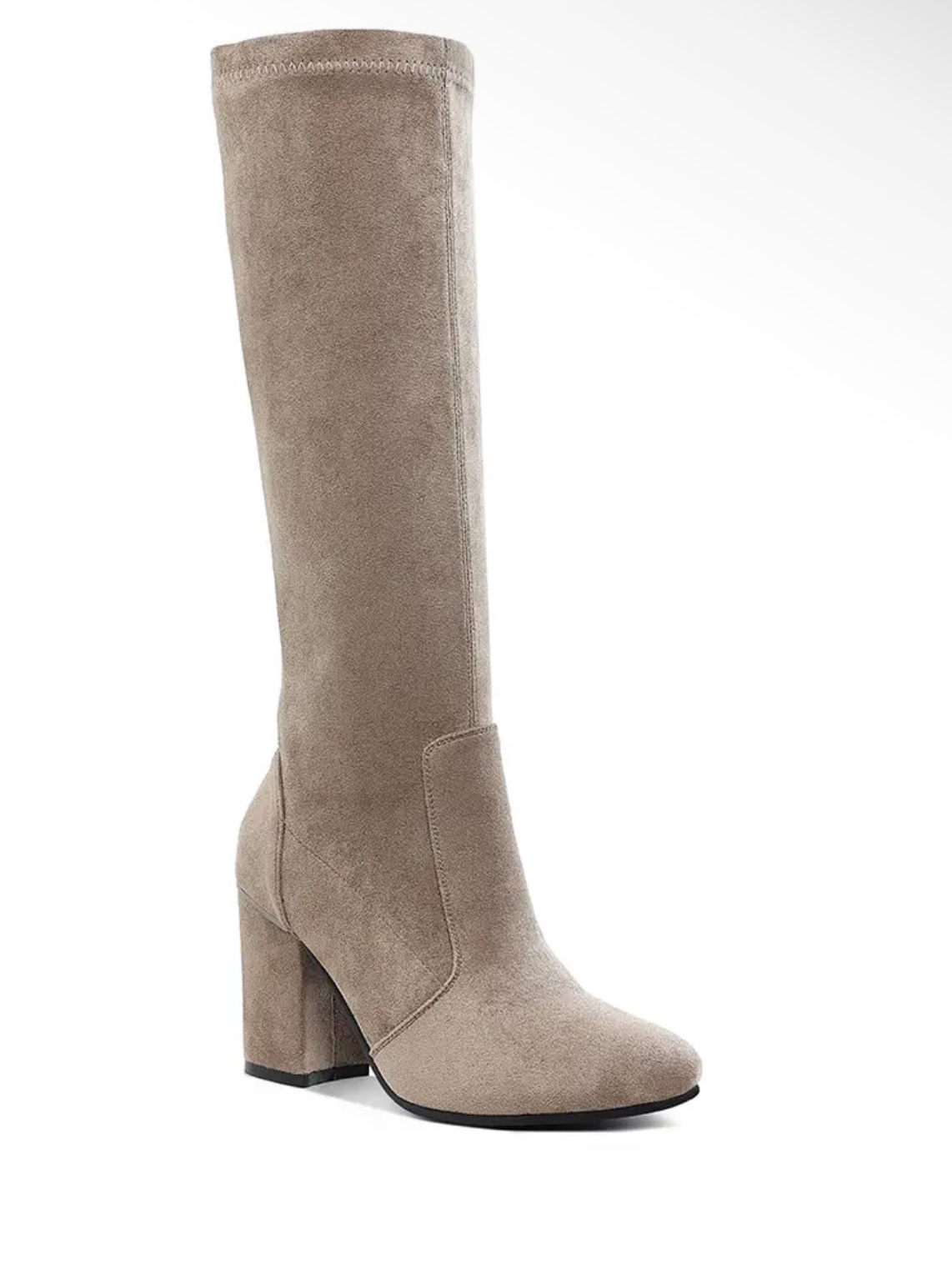 Taupe Knee-High Block Heel Boots – Stretch Shaft