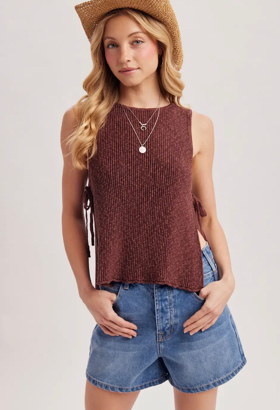 Thumbnail: Side Tie Ribbed Knit Tank – Open Side Sleeveless Sweater Top
