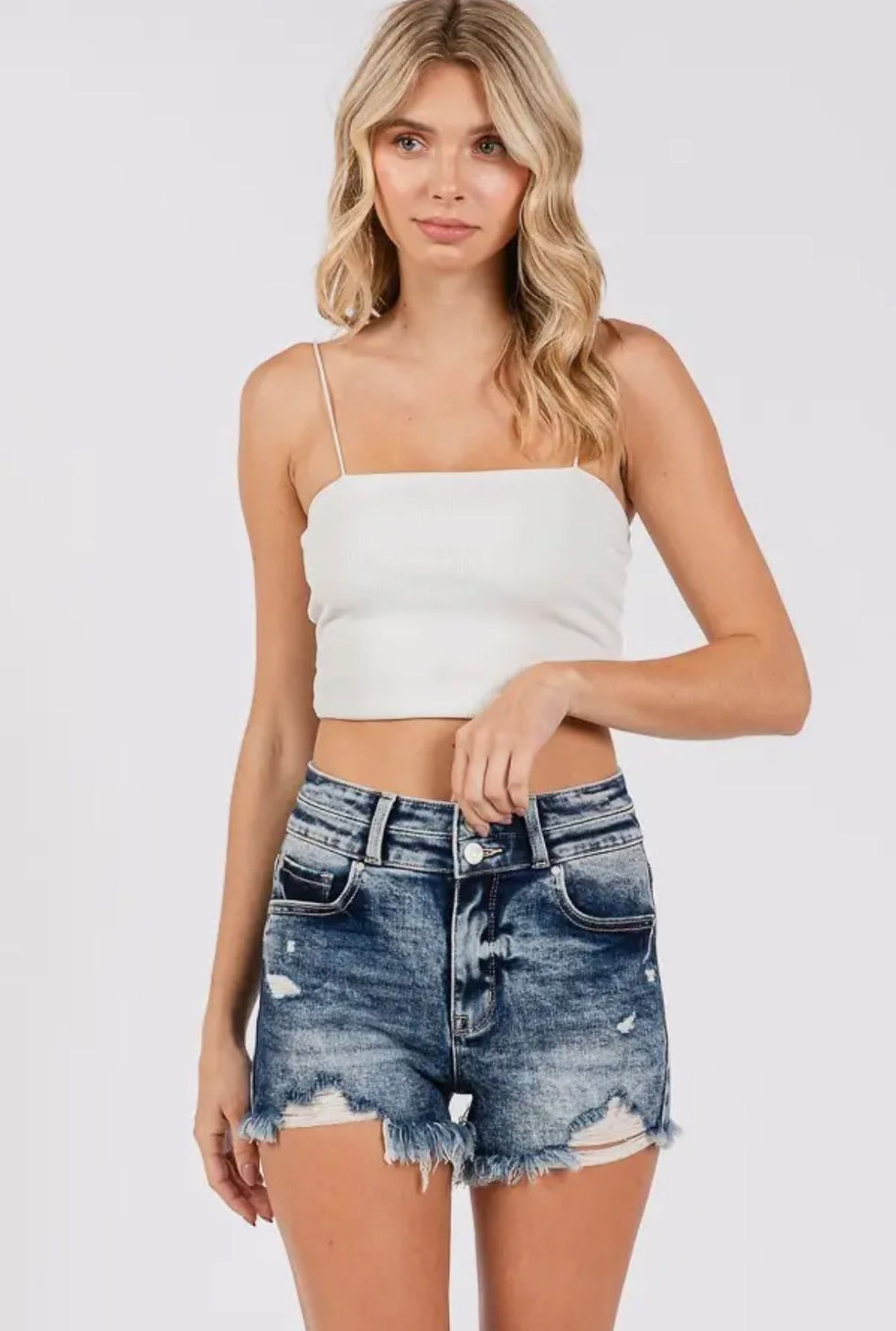 Thumbnail: High Rise Distressed Denim Shorts with Double Button Waist & Frayed Hem