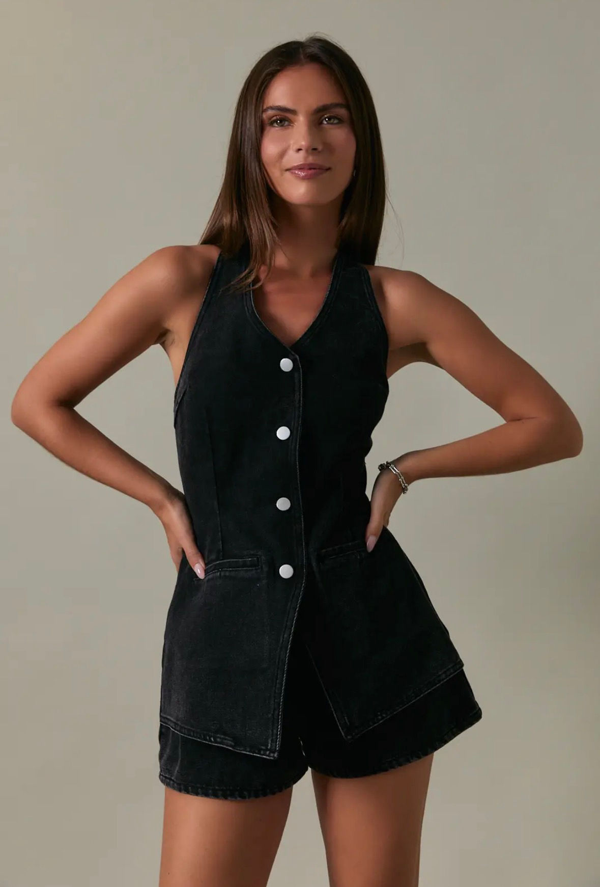 Midnight Muse Black Halter Romper – Open Back Button Front Summer Romper for Wom