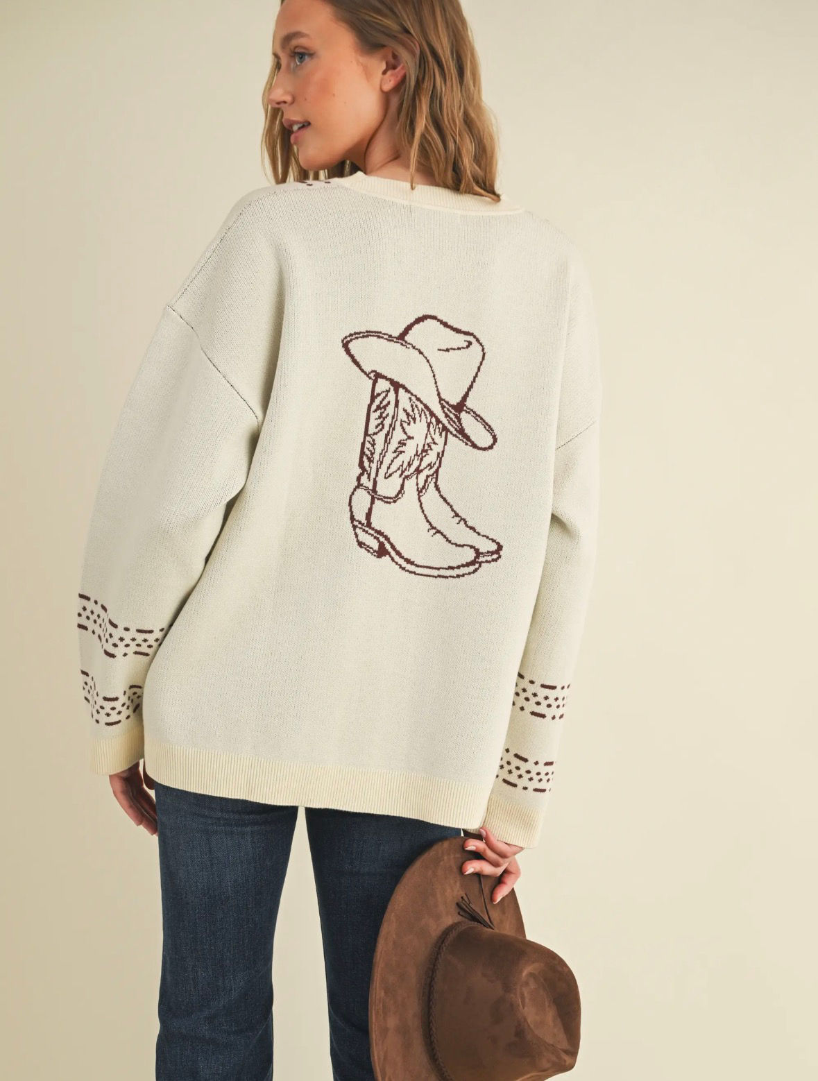Western Cowboy Boots Graphic Knit Cardigan | Oversized Cream Open Front Cardigan