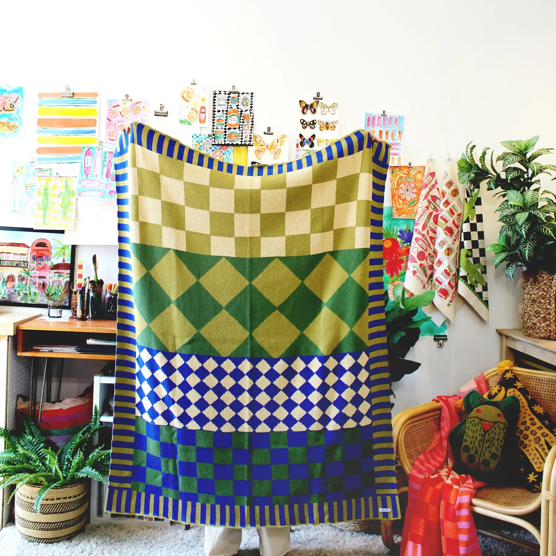 Checkerboard Blue Green Throw