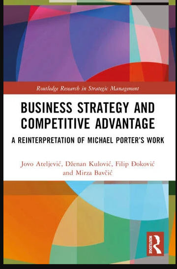 Colorful book cover titled "Business Strategy and Competitive Advantage" by Jovo Ateljevic et al., features abstract geometric patterns.